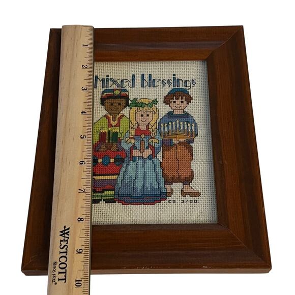 Vintage Framed Cross Stitch Mixed Blessings Cultural Diversity Holiday 9.5x7.5 - Picture 5 of 6